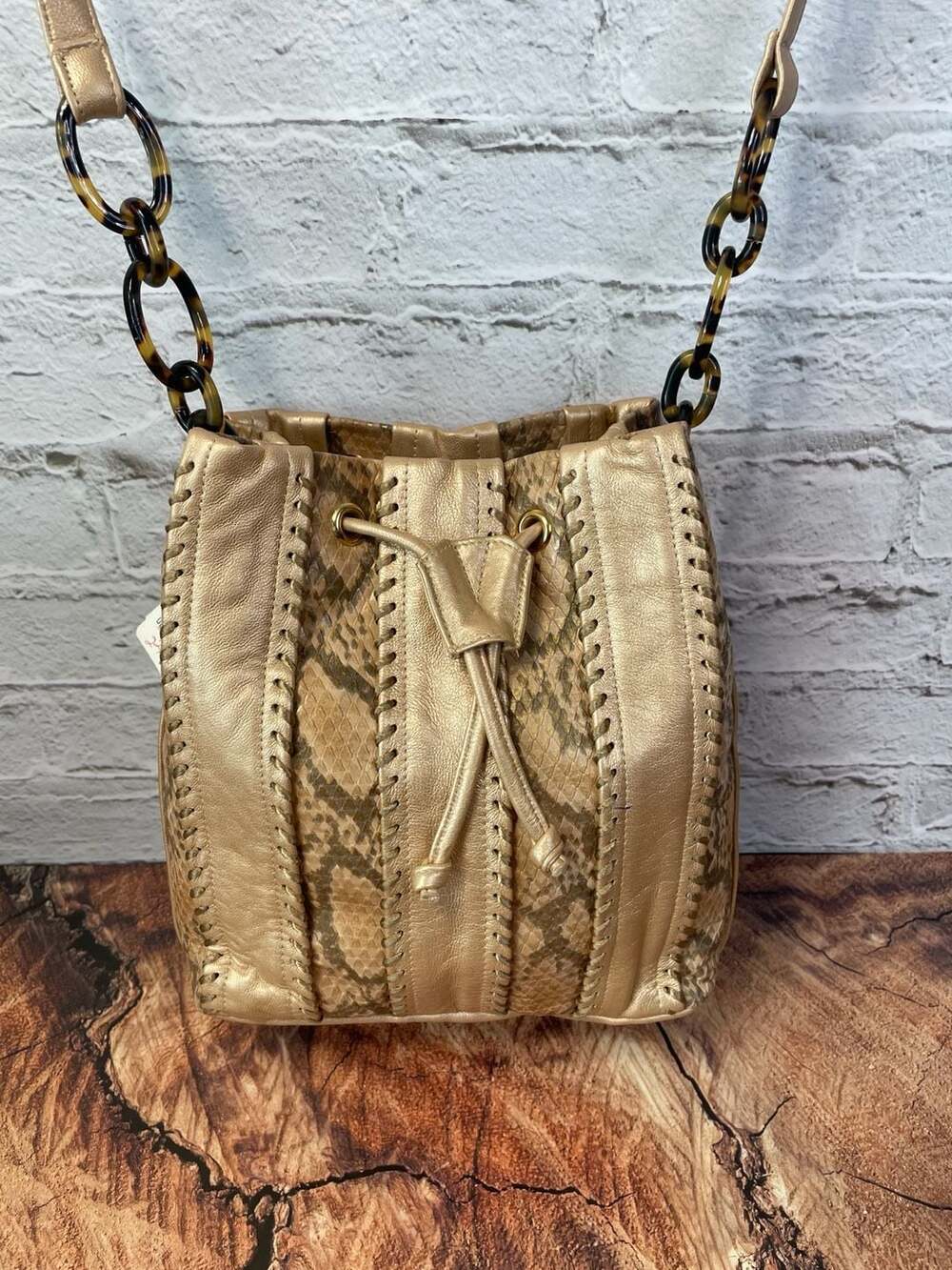 Sharif Python Print Metallic Gold Leather Drawstring Bucket Bag